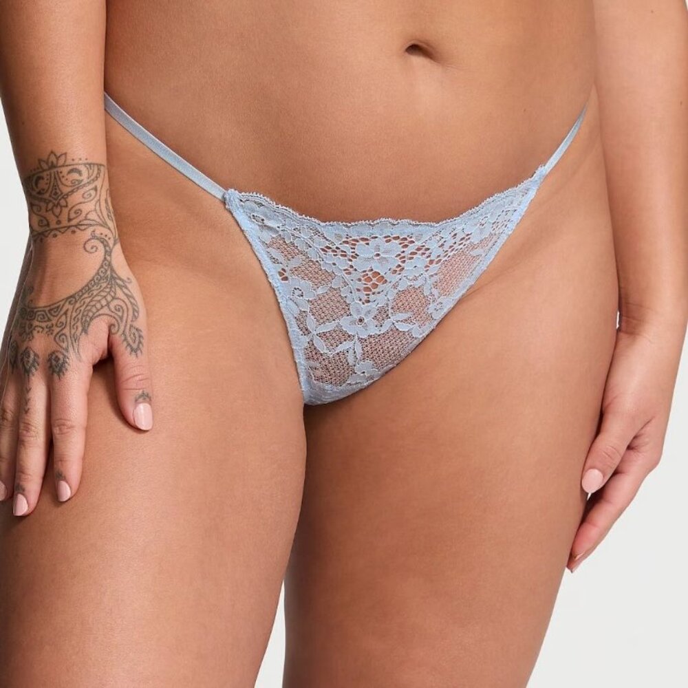 Victoria's Secret DREAM ANGELS Twinkle Bow Lace V-String Panty Light Blue XL NEW